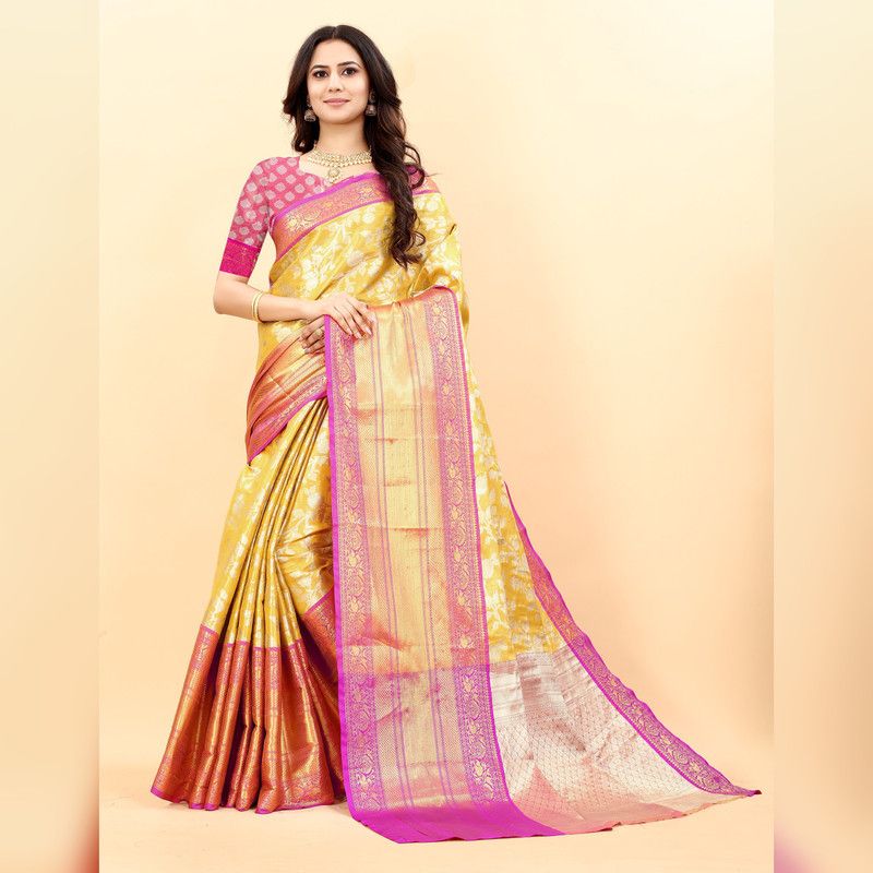 Woven Daily Wear Silk Blend Saree  (Yellow)