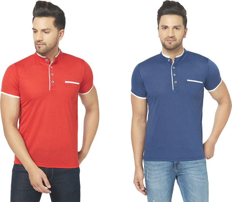 Pack of 2 Henley T-shirt Combo Half Sleeve Men Solid Henley Neck Cotton Blend Red, Blue T-Shirt