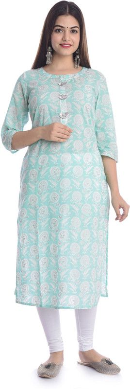 Women Printed Cotton Blend Straight Kurta  (Light Green)