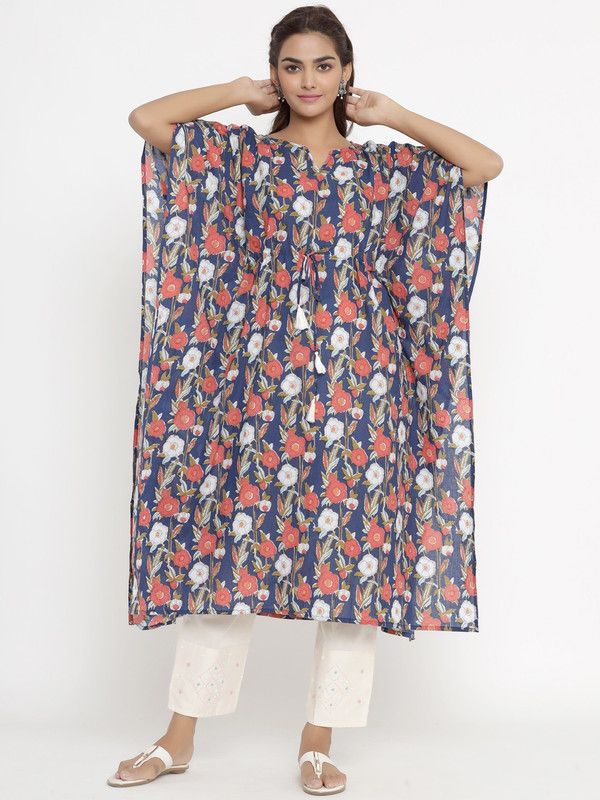 Women Floral Print Pure Cotton Kaftan Kurta  (Blue)