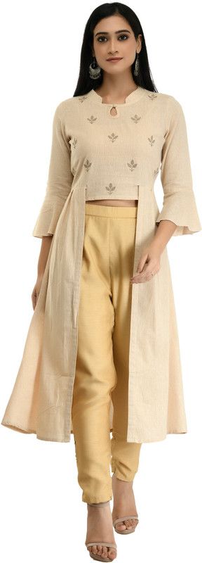 Women Embroidered Khadi Cotton Frontslit Kurta  (Beige)