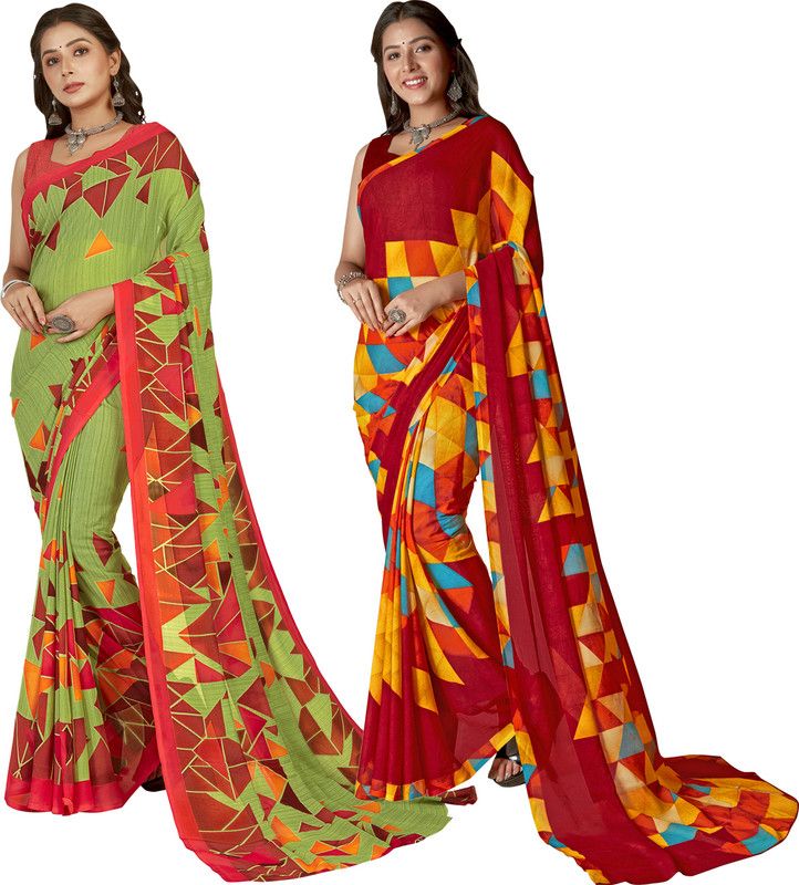 Floral Print, Paisley, Ombre, Striped, Geometric Print Fashion Georgette Saree  (Pack of 2, Dark Green, Red, Multicolor)