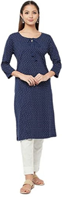 Women Printed Linen Blend Straight Kurta  (Blue)