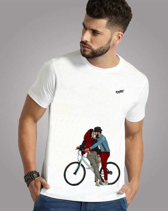 Men Graphic Print Round Neck Cotton Blend Silver T-Shirt
