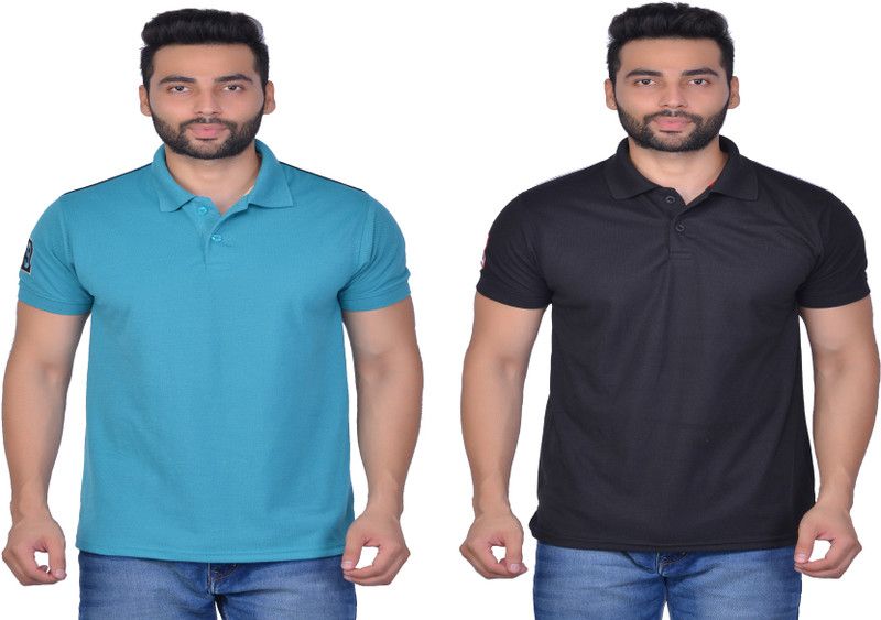 Pack of 2 Men Solid Polo Neck Cotton Blend Black, Light Green T-Shirt