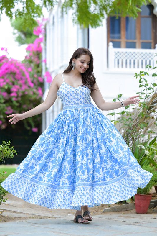 Women Fit and Flare Blue, White Dress