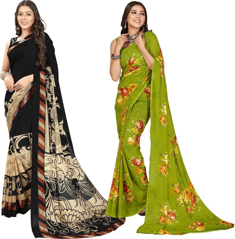 Printed, Paisley, Ombre, Striped, Geometric Print, Animal Print, Floral Print, Checkered Daily Wear Georgette Saree  (Pack of 2, Black)