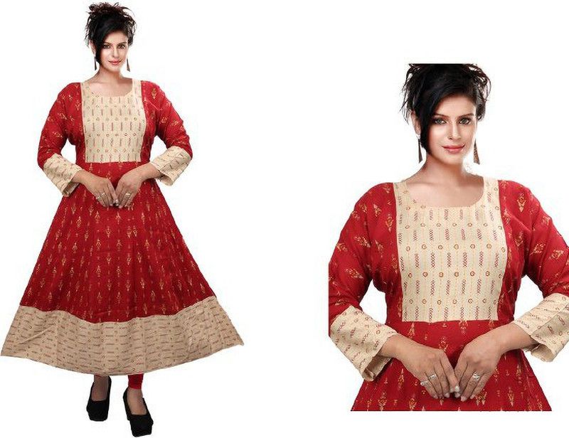 Men Printed Cotton Blend Flared Kurta  (Red)