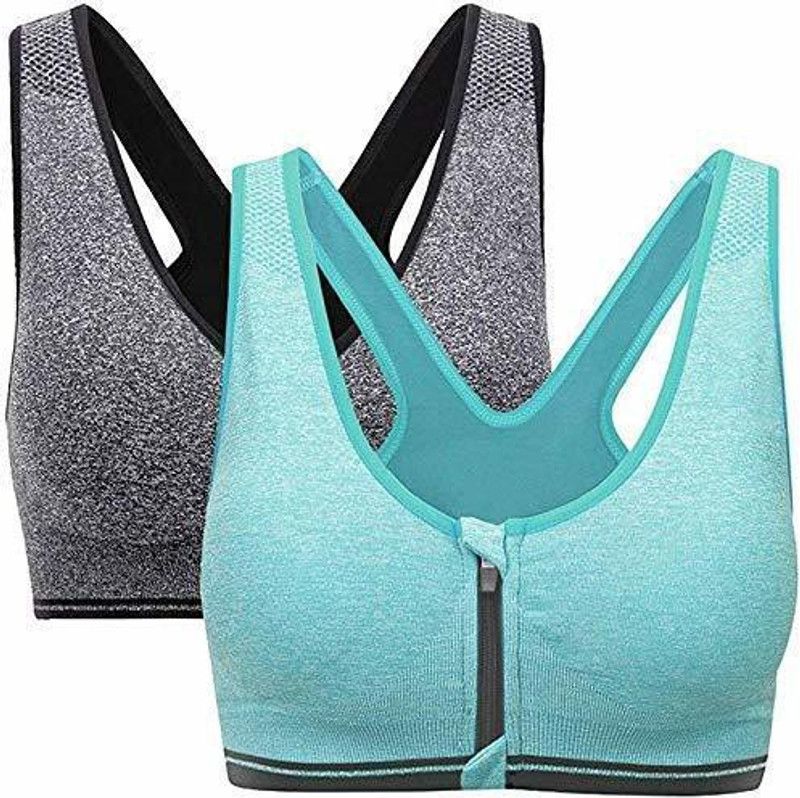 FRONT ZIPPER Women Sports Lightly Padded Bra  (Grey, Light Blue)