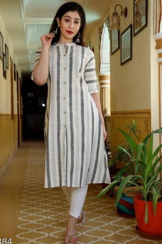 Women Striped Pure Cotton A-line Kurta  (Grey)
