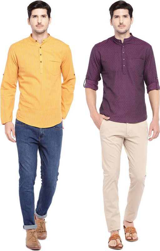 Pack of 2 Men Self Design Jacquard, Pure Cotton Straight Kurta  (Purple, Yellow)