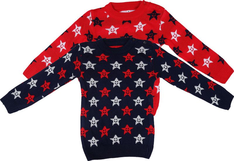 Baby Boys & Baby Girls Printed Round Neck Blue, Red Sweater