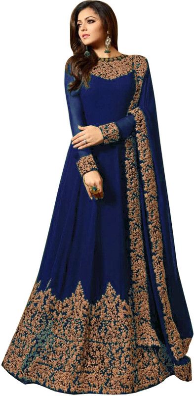 Embroidered Georgette Semi Stitched Anarkali Gown  (Blue)