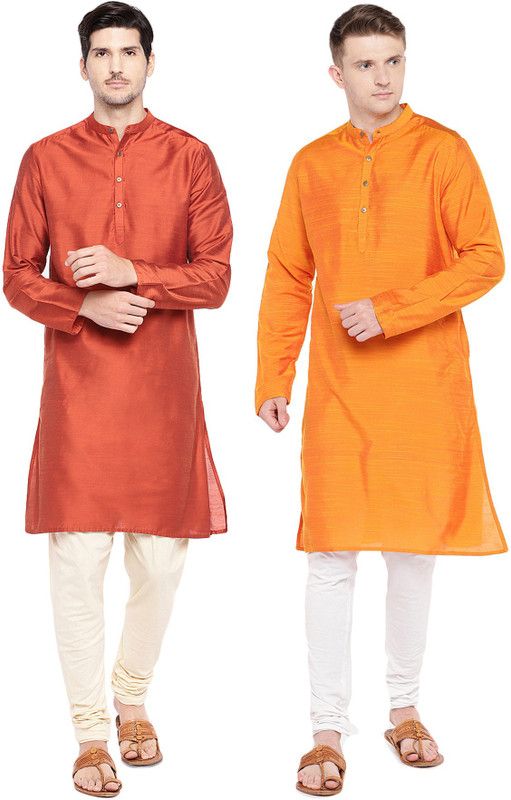 Pack of 2 Men Self Design Art Silk Straight Kurta  (Red, Orange)