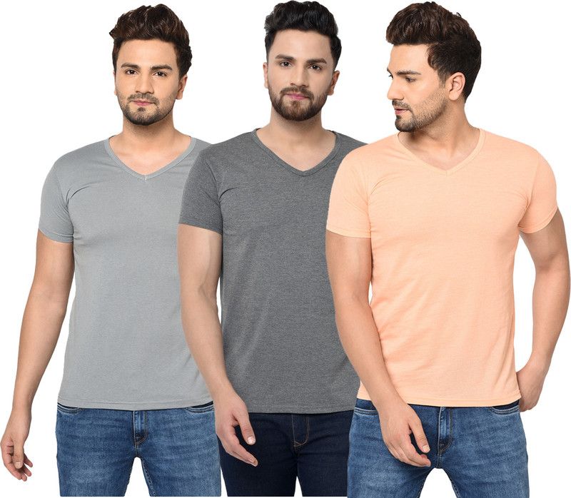 Pack of 3 V neck Combo T-shirts Multicolor Men Solid V Neck Cotton Blend Orange, Grey T-Shirt