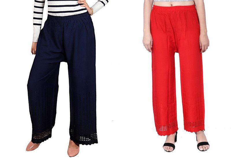 Pack of 2 Women Regular Fit Dark Blue, Red Viscose Rayon Trousers