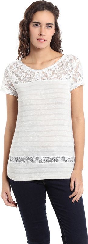 Casual Regular Sleeves Striped, Solid Women White Top