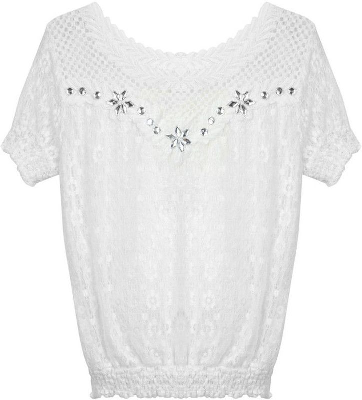 Casual Regular Sleeves Embellished, Lace Women White Top