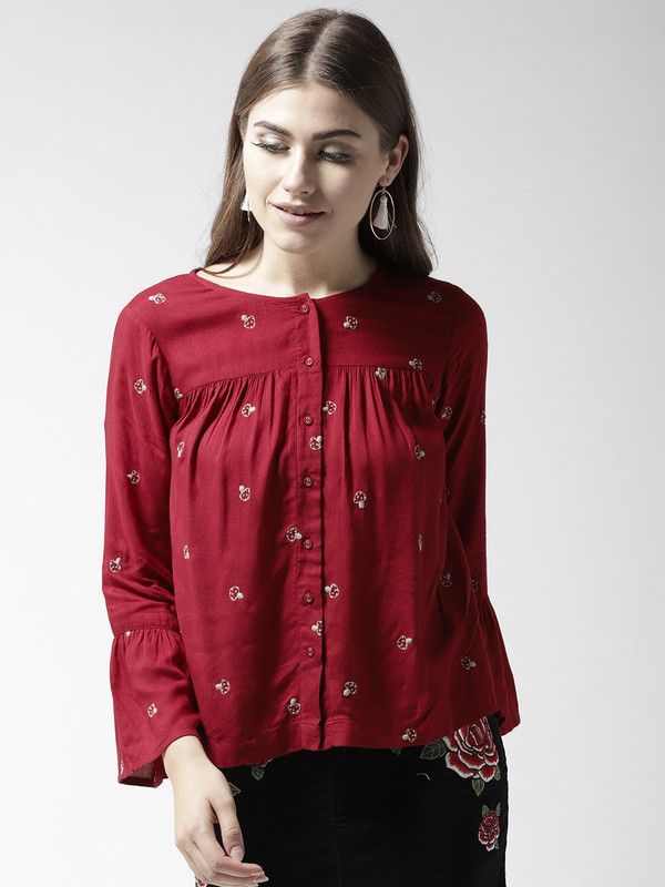 Casual Flared Sleeves Embroidered Women Red Top
