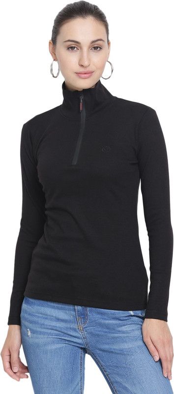 Women Solid High Neck Poly Cotton Black T-Shirt