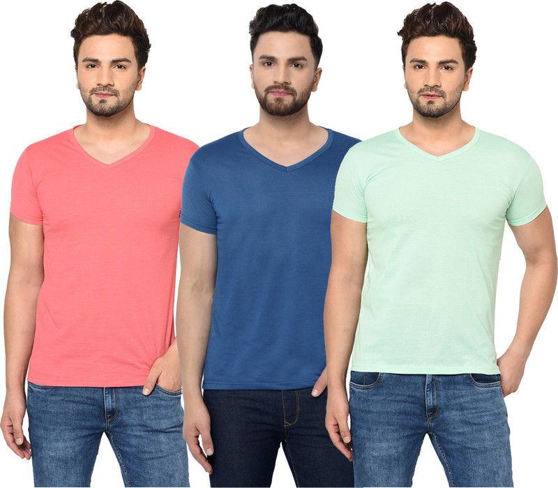 Pack of 3 V neck Combo T-shirts Multicolor Men Solid V Neck Cotton Blend Green, Blue, Pink T-Shirt
