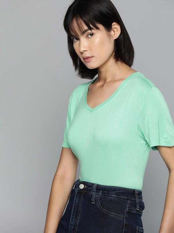 Women Solid V Neck Viscose Rayon Green T-Shirt