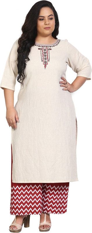 Women Self Design, Embroidered Cotton Blend Straight Kurta  (Beige)