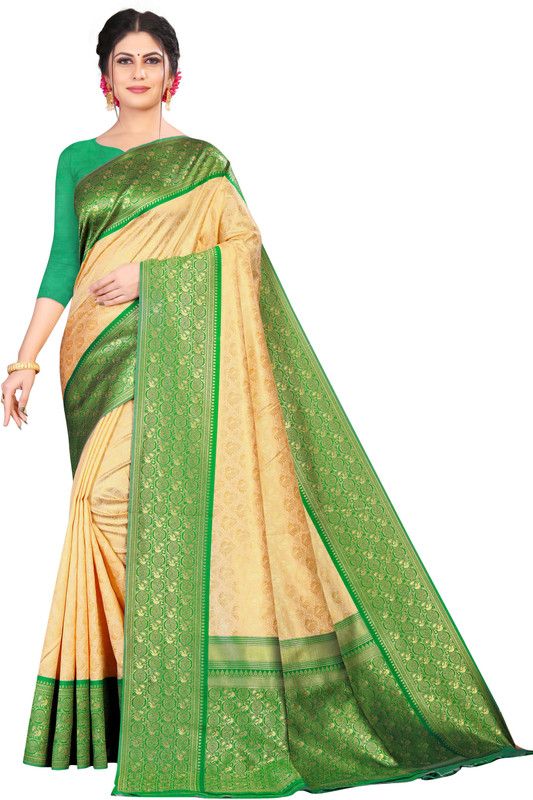 Self Design Bollywood Chiffon Saree  (Light Green, Cream)