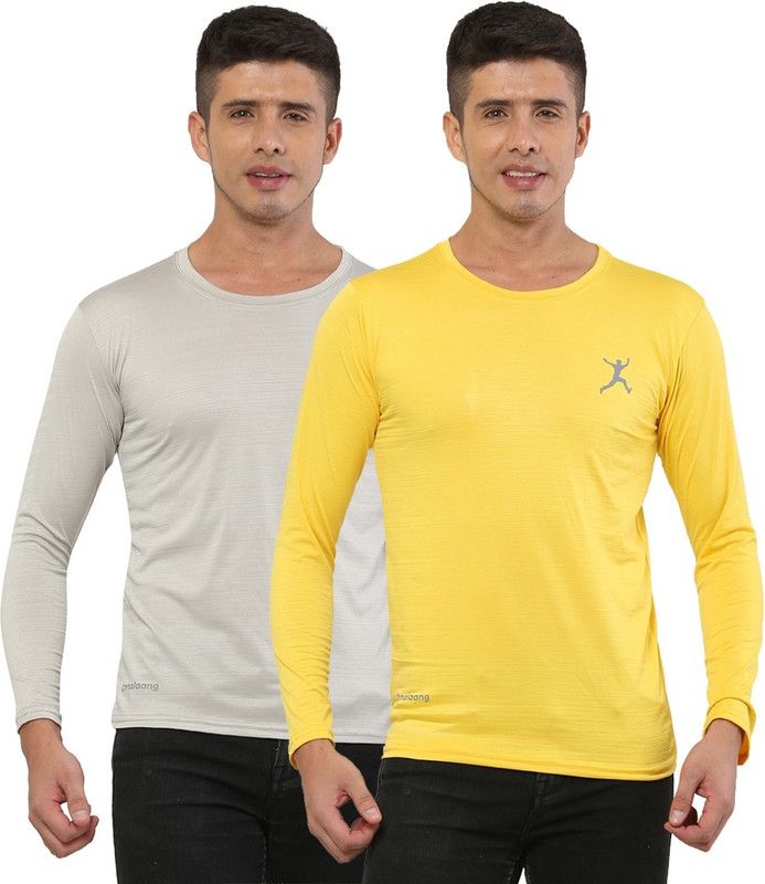 Pack of 2 Men Solid Round Neck Elastane Grey, Yellow T-Shirt
