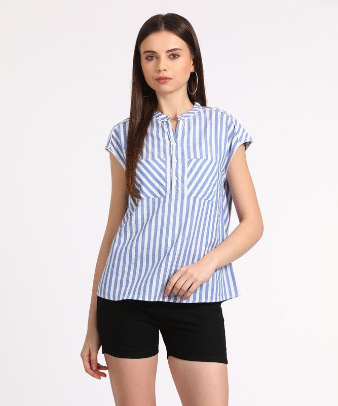 Casual Cap Sleeves Printed Women White, Blue Top