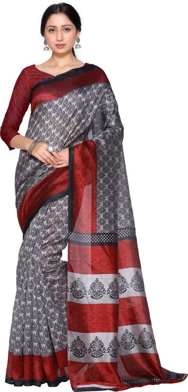 Printed Bhagalpuri Silk Blend Saree  (Grey)