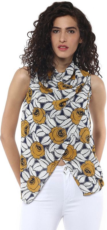 Casual Sleeveless Floral Print Women White, Blue, Yellow Top
