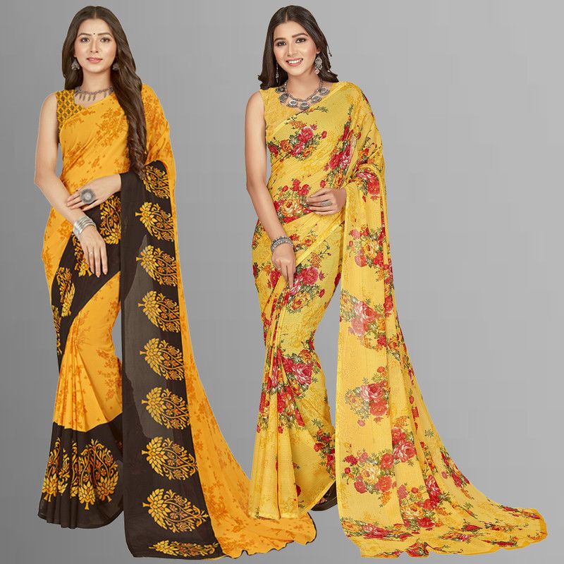 Printed Daily Wear Georgette Saree  (Pack of 2, Yellow, Black, Multicolor)