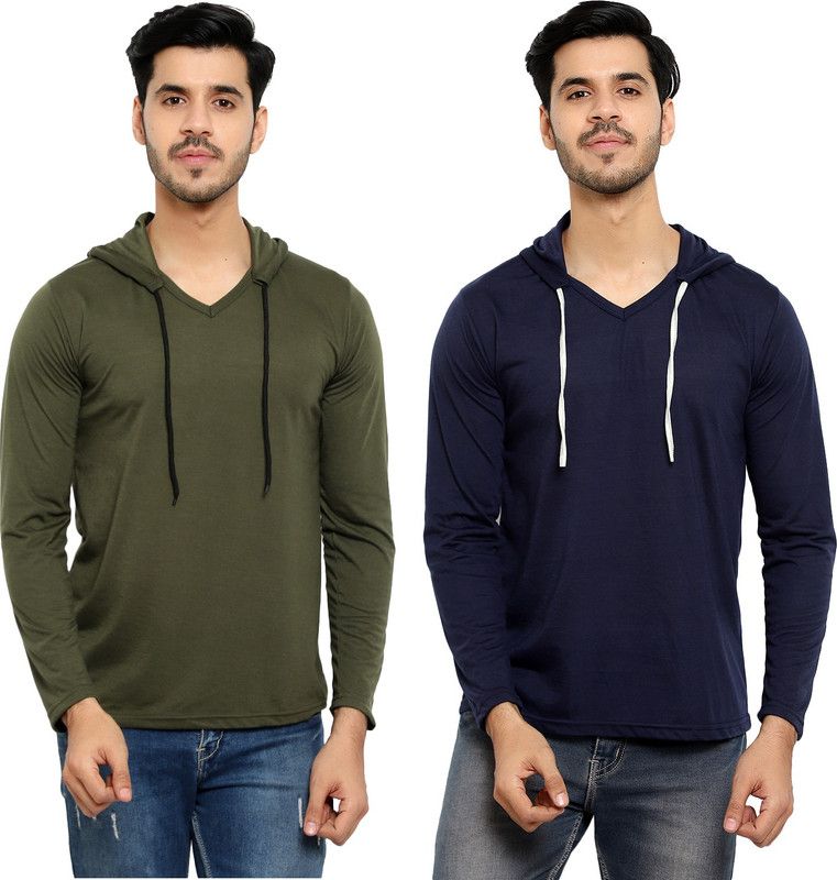 Pack of 2 Men Solid Hooded Neck Cotton Blend Dark Blue, Green T-Shirt