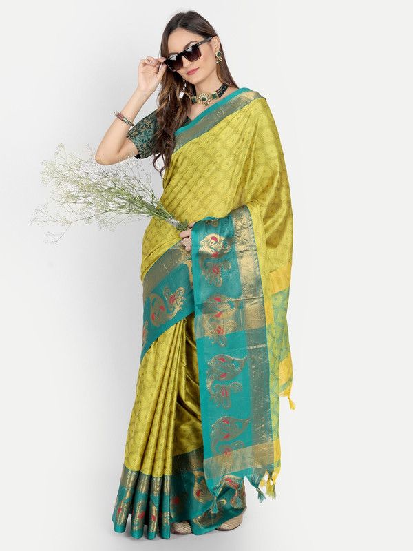 Woven Venkatagiri Jacquard, Cotton Silk Saree  (Blue, Yellow)