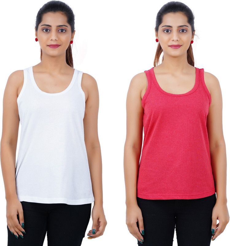 Pack of 2 Sleeveless Women Solid Scoop Neck Pure Cotton Red, White T-Shirt