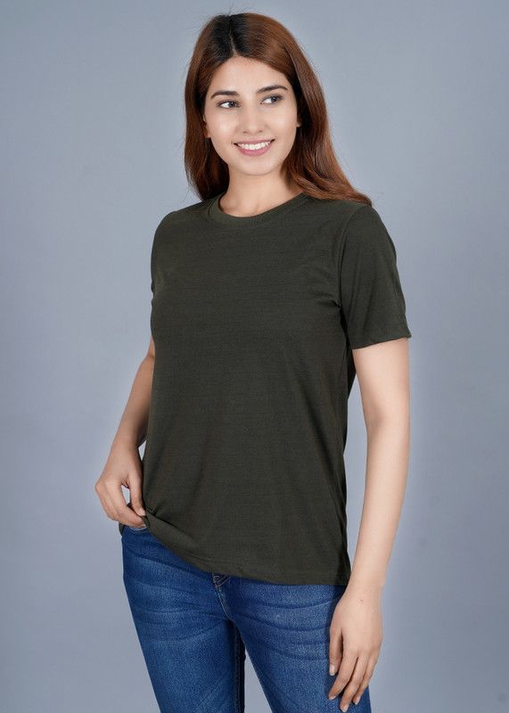 Regular cotton blend T-shirt Women Solid Round Neck Cotton Blend Green T-Shirt