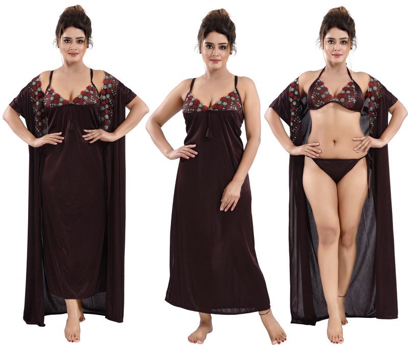 Pack of 4 Women Robe and Lingerie Set  (Brown)
