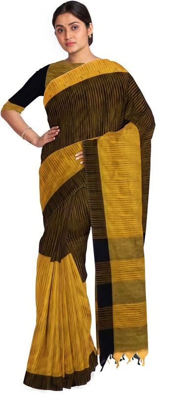 Solid/Plain Handloom Pure Cotton Saree  (Black, Yellow)