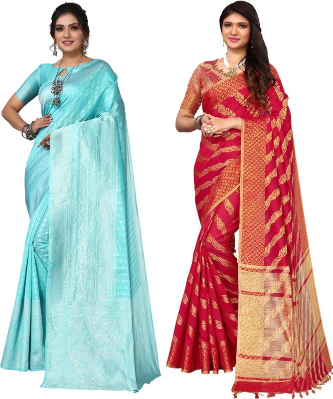 Woven, Embellished, Self Design Daily Wear Silk Blend, Jacquard Saree  (Pack of 2, Light Blue, Red)