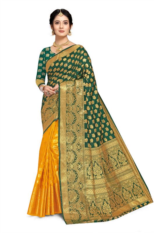 Woven, Temple Border, Dyed Banarasi Jacquard Saree  (Green, Yellow)