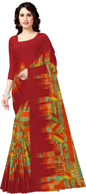 Printed Bollywood Polyester Saree  (Red, Multicolor)