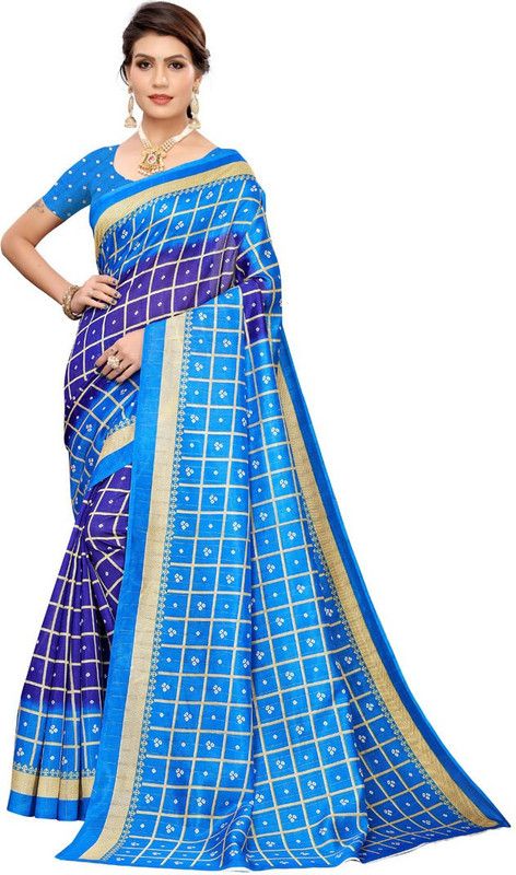 Dyed, Checkered Bandhani Art Silk Saree  (Blue)