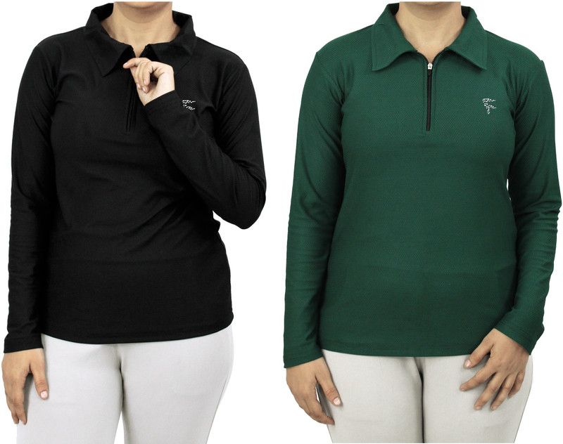 Pack of 2 Women Solid Polo Neck Polyester Green, Black T-Shirt