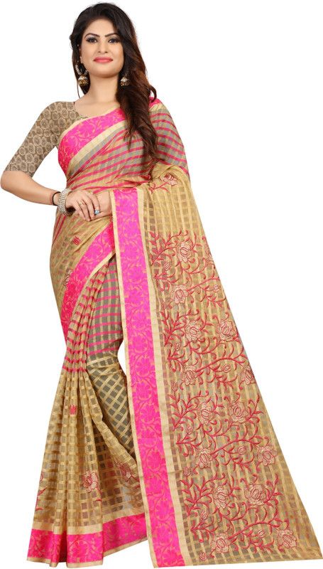 Embroidered Bollywood Cotton Blend Saree  (Pink, Beige)