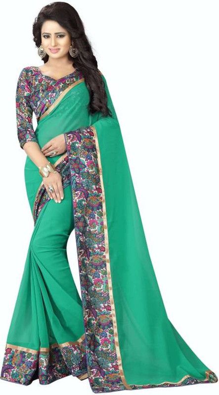 Solid/Plain Daily Wear Georgette, Chiffon Saree  (Green)
