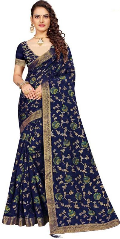 Floral Print Bollywood Silk Blend Saree  (Dark Blue)