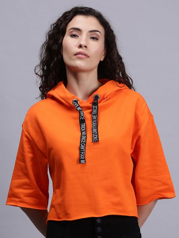 Women 3/4th Sleeve Solid Hooded Sweatshirt