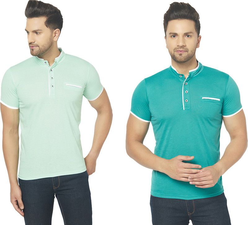 Pack of 2 Men Solid Mandarin Collar Cotton Blend Green, Light Green T-Shirt