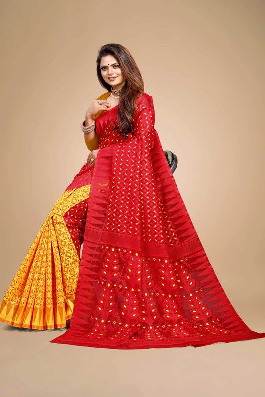 Jamdani Cotton Linen Saree  (Red, Yellow)